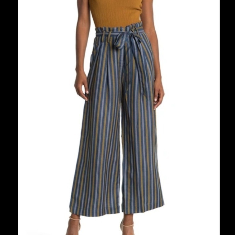 Current Air Striped High Waist Wide Leg Paperbag Pants In Navy-Mustard - Small